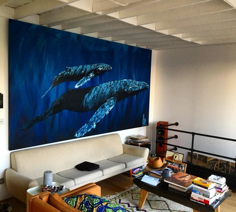 Tableau Grand Format D'une Baleine Et Son Baleineau Peint Par L'artiste A-mo Streetart