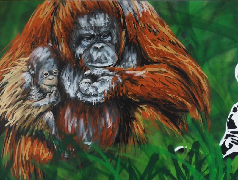 Tableau Représentant Un Singe Orang-outan Et Un Enfant Peint Par L'artiste A-mo Streetart