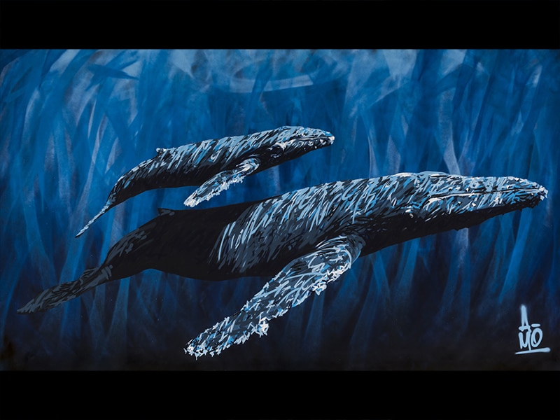 Toile représentant des baleines peinte par A-MO street art.